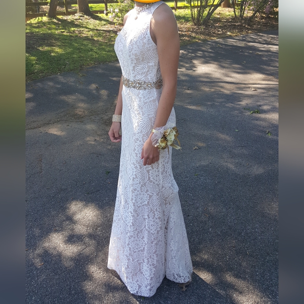 Mon Cheri Bridals - Halter White Lace Prom/Wedding Dress